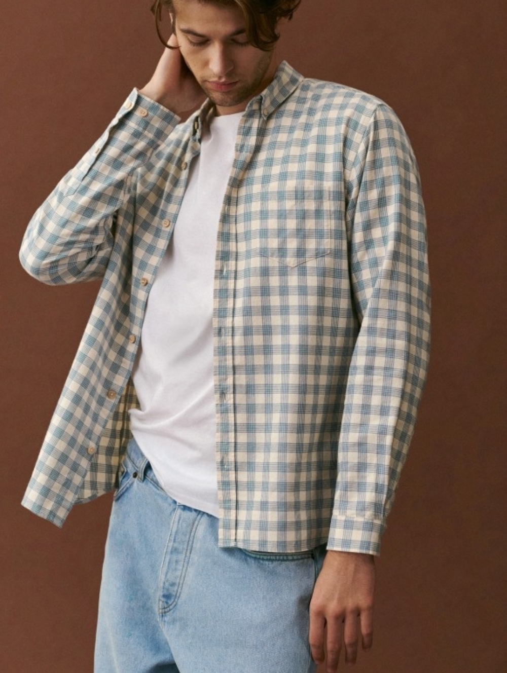 Octobre Editions Blue & White Plaid Charlie Flannel Button Down Men's Size Med